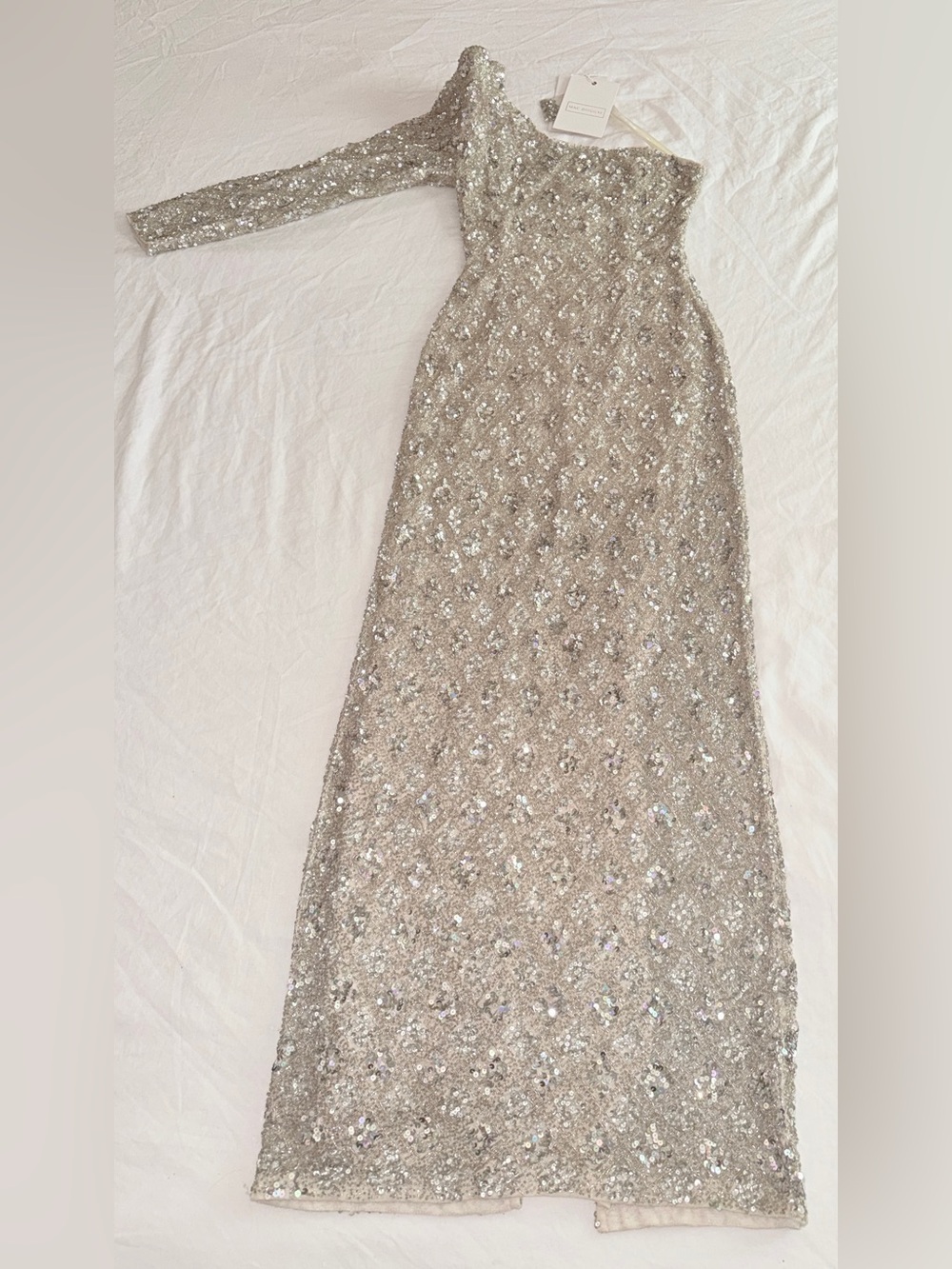 NWT Mac Duggal A5479 Sequin Beaded One Shoulder‎ Gown Gold Silver Size 6